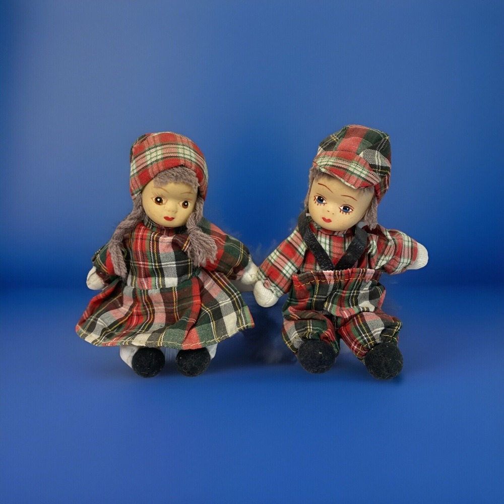 Vintage Little Boy And Girl Porcelain Dolls Farmhouse Overalls‎ Dress 5.3"